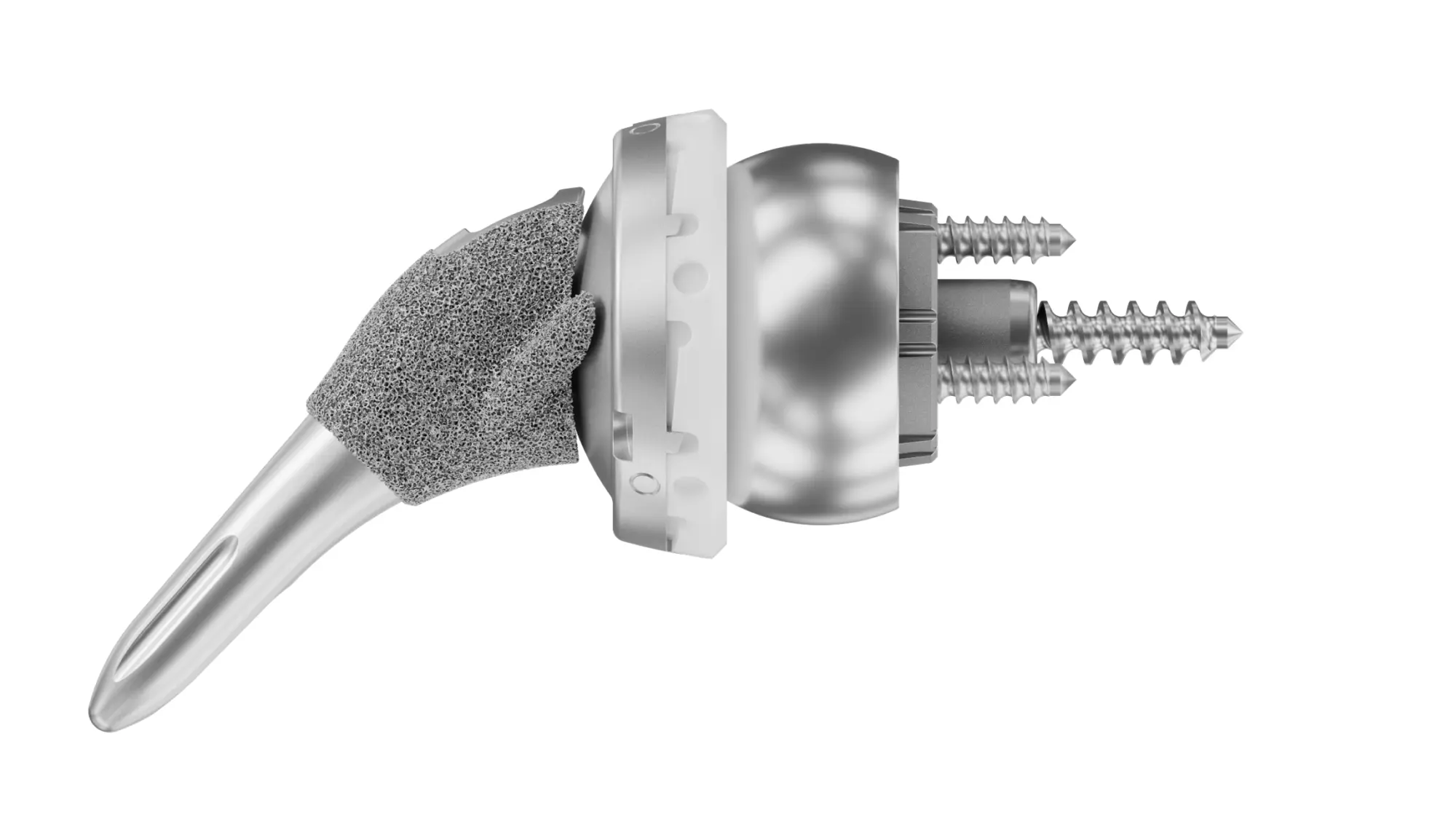 A render of a reverse shoulder replacement implant.