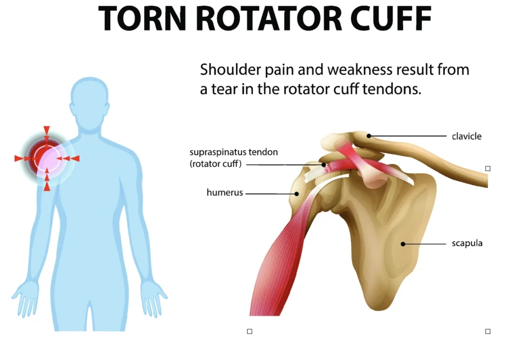 Rotator cuff diagram, showing where it is in the body and where the tendon tear is in the shoulder.